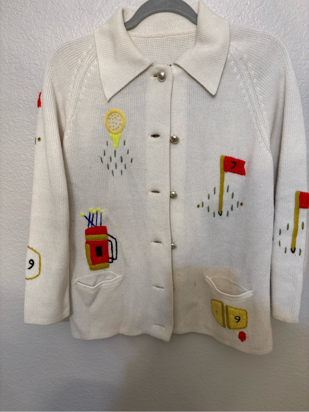 Women's Cream Golf Motif Button-Up Sweater.